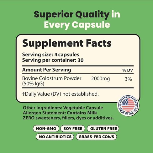 Super Moo Grass Fed Bovine Colostrum - 120 Capsules - Gut Health, Muscle Recovery, Energy, Hair, Skin and Immune Supplement | 50% IgG Cow Colostrum for Humans | Superfood, Gluten Free, Unflavored. in Saudi Arabia