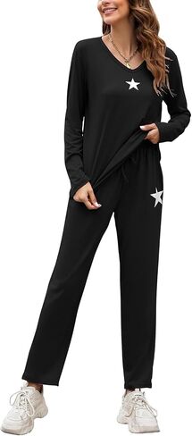 Women's Casual 2 Piece Outfits V Neck Pajama Set Long Sleeve Sweatsuit Pullover Tops and Wide Leg Pants Lounge Sets in Saudi Arabia