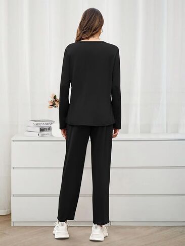 Women's Casual 2 Piece Outfits V Neck Pajama Set Long Sleeve Sweatsuit Pullover Tops and Wide Leg Pants Lounge Sets in Saudi Arabia