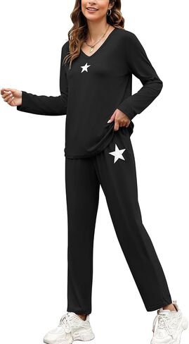 Women's Casual 2 Piece Outfits V Neck Pajama Set Long Sleeve Sweatsuit Pullover Tops and Wide Leg Pants Lounge Sets in Saudi Arabia