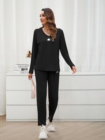 Women's Casual 2 Piece Outfits V Neck Pajama Set Long Sleeve Sweatsuit Pullover Tops and Wide Leg Pants Lounge Sets in Saudi Arabia