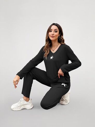 Women's Casual 2 Piece Outfits V Neck Pajama Set Long Sleeve Sweatsuit Pullover Tops and Wide Leg Pants Lounge Sets in Saudi Arabia