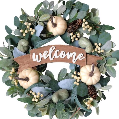18 Inch Fall Eucalyptus Pumpkin Wreath for Front Door, Green White Pumpkin Welcome Sign Wreath for Indoor and Outdoor, Eucalyptus Leaves Wreath for Home Decor in Saudi Arabia