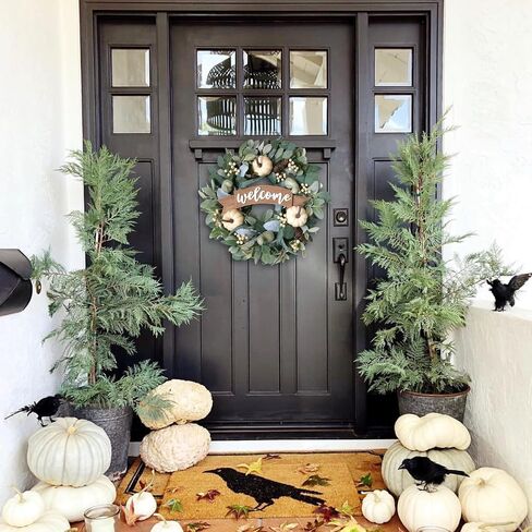 18 Inch Fall Eucalyptus Pumpkin Wreath for Front Door, Green White Pumpkin Welcome Sign Wreath for Indoor and Outdoor, Eucalyptus Leaves Wreath for Home Decor in Saudi Arabia