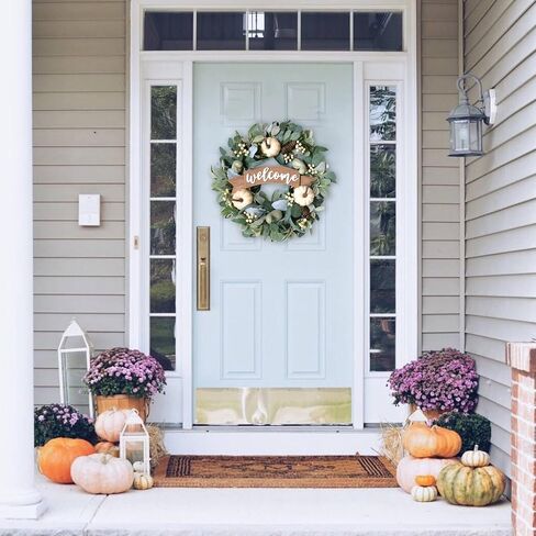 18 Inch Fall Eucalyptus Pumpkin Wreath for Front Door, Green White Pumpkin Welcome Sign Wreath for Indoor and Outdoor, Eucalyptus Leaves Wreath for Home Decor in Saudi Arabia
