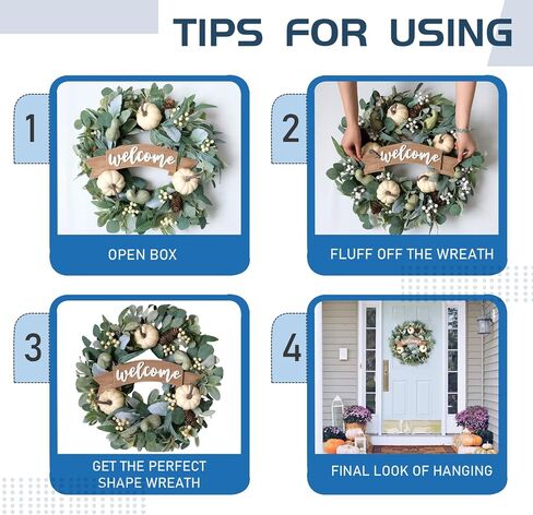 18 Inch Fall Eucalyptus Pumpkin Wreath for Front Door, Green White Pumpkin Welcome Sign Wreath for Indoor and Outdoor, Eucalyptus Leaves Wreath for Home Decor in Saudi Arabia