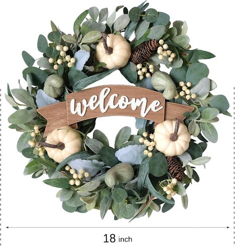 18 Inch Fall Eucalyptus Pumpkin Wreath for Front Door, Green White Pumpkin Welcome Sign Wreath for Indoor and Outdoor, Eucalyptus Leaves Wreath for Home Decor in Saudi Arabia