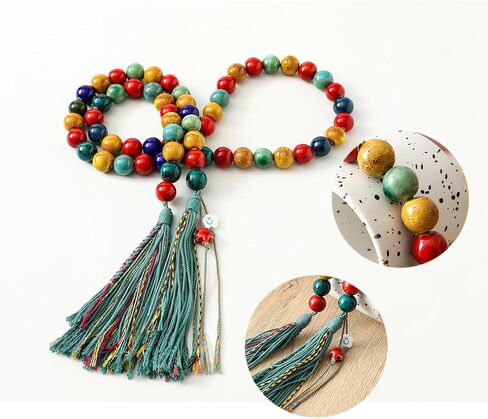 Farmhouse Ceramic Beads 50in Handcrafted Colors Bead Garland with Tassels Rustic Decor Prayer Boho Beads Big Wall Hanging and Coffee Table Decor Green Bead in Kuwait
