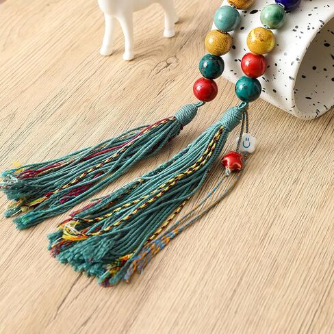 Farmhouse Ceramic Beads 50in Handcrafted Colors Bead Garland with Tassels Rustic Decor Prayer Boho Beads Big Wall Hanging and Coffee Table Decor Green Bead in Kuwait