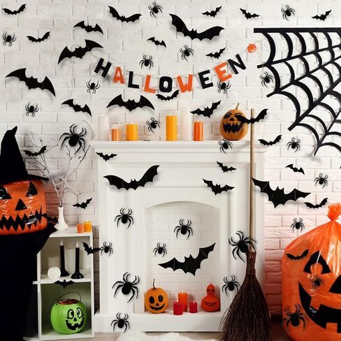 Halloween Decorations Spider Stickers - 70pcs DIY 3D Home Party Supplies Plastic Spider Wall Decor 4 Different Sizes Realistic Horror Spider Set Suitable for Indoor Walls Windows Rooms Outdoor in Saudi Arabia