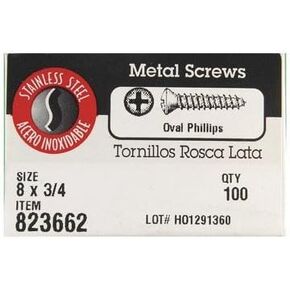 Hillman Stainless Steel Sheet Metal Screws No. 8 X 3/4" Phillips Oval Head