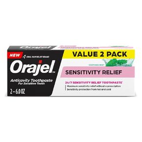 Orajel Sensitivity Relief Toothpaste, Soothing Mint Flavor, Anticavity Fluoride Sensitive Toothpaste for Maximum Relief Without a Prescription, 6.0 Oz (2 Pack)