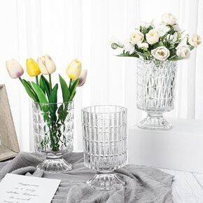 Bokon 3 Pcs Crystal Vases for Flower Cylinder Glass Vases Embossed Base Vase Decorative Transparent Ribbed Vase Vintage Clear Glass Candle Holder Floral Vase for Wedding Centerpieces Table Decoration