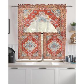 مجموعات ستائر المطبخ الشرقية بوهو غنيمة مع الستارة، 3 قطع ستائر جيب قضيب لغرفة النوم والحمام والمقهى ونوافذ عتيقة مطبوعة باللون الأحمر القبلي المتعدد 56 بوصة × 36 بوصة و36 بوصة × 27.5 بوصة × 2 لوح in Kuwait