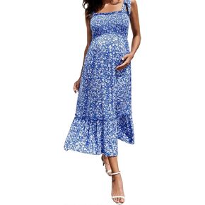 FUNJULY Maternity Smocked Summer Casual Dress Spaghetti Strap Sleeveless Ruffle Boho Swing Maxi Dress Baby Shower Photoshoot