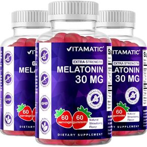 Vitamatic Sugar Free Melatonin 30mg per Gummy - 60 Servings - 60 Vegetarian Gummies - Non-Habit Forming Supplement (60 Count (Pack of 3))