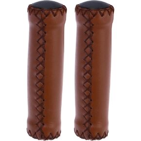 1Pair PU Leather and Soft Rubber Bicycle Mountain Bike Handlebar Grips (Light Brown)