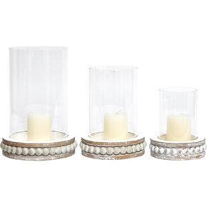 Glass Hurricane Candle Holders for Pillar Candles - Farmhouse Rustic Distressed White, Set of 3 with Wood Beaded Base