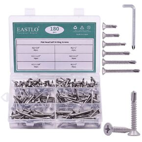 EASTLO 180pcs Flat Head Self Tapping Screws (#12 Size), 410 Stainless Steel Phillips Drive Flat Head Self Drilling Screws Sheet Metal Screws Kits