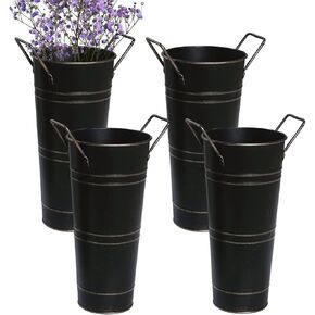 Notakia 4Pcs Galvanized Metal Vases Farmhouse French Flower Bucket Vases for Cut Flowers for Home Decor and Wedding Table Centerpiece Decorations (Black Set of 4)