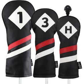 Majek Retro Golf Headcovers Black Red and White Vintage Leather Style 1 3 H Driver Fairway Wood and Hybrid Head Cover Classic Look