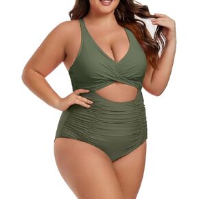 Plus Size One Piece Swimsuit for Women Tummy Control Bathing Suit Cutout High Waisted Tie Back 1 Piece Swim Suit