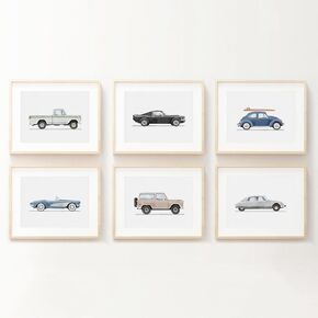 Blue Car Wall Art Decor Boys Room Wall Art Vintage Cars Canvas Poster Toddler Kids Room Wall Art Watercolor Car Pictures Prints for Boys Bedroom Nursery 8x10 Inch Unframed Set of 6