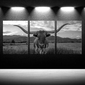 iKNOW FOTO Farm Animals Art Prints Black and White Highland Cattle with Long Horns Picture Printed on Canvas Painting for Home Decor Modern Living Room Decorations 12x16inchx3pcs