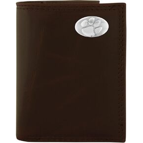 NCAA Clemson Tigers Brown Wrinkle Leather Trifold Concho Wallet, One Size