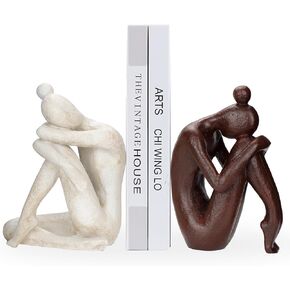 Decorative Bookends for Shelves, Unique Book Ends for Home Office Decor, Meditation Girl Statue Book Stopper for Bookshelf Decor, Modern Abstract Aesthetic Decoration White & Brown