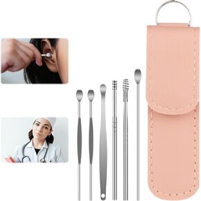 6 Pcs Stainless Steel Ear Cleansing Tool Set,Ear Cleaner 360°Spiral Design Ear Canal Cleaner Portable Earwax Removal Kit with Pink Pu Leather Home and Travel