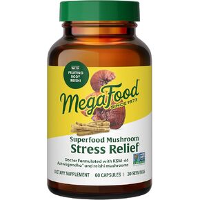 MegaFood Superfood Mushroom Stress Relief - Reishi Mushroom Supplement with Clinically Studied KSM-66 Ashwagandha to Reduce Stress - Doctor Formulated, Vegan - 60 Capsules, 30 Servings
