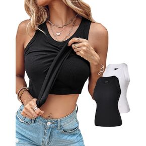 CHICME 2 Piece Tank Tops with Built in Bras Athletic Tank Tops for Women Ribbed Tank Top Fitness Workout Running Tops