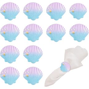 Napkin Rings Set of 12, White Starfish Multicolor Shell Napkin Ring Holders Beach Coastal Nautical Napkin Buckle Bulk for Cloth Wedding Thanksgiving Christmas Dinner Banquet Decoration (Shell)