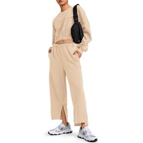 Fisoew Womens 2 Piece Outfits Sweatsuits Sets Long Sleeve Cropped Sweatshirts with Loose Straight Leg Sweatpants Tracksuit