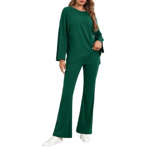 Tankaneo Womens Sets 2 Piece Outfits Long Sleeve Shirts and Flare Pants Travel Airport Matching Lounge Sets
