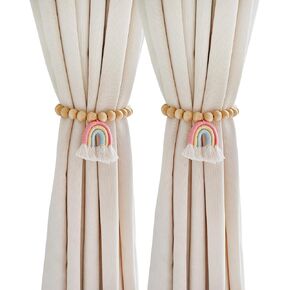 Boho Curtain Tiebacks - 2 Pack Boho Curtain Tie Backs for Curtain Pull Backs,Rainbow Tassel Curtain Tiebacks,Wood Bead Curtain Holdbacks No Drill Hooks