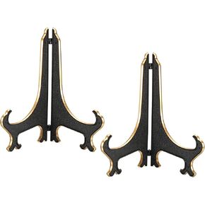 PATIKIL 10" Acrylic Decorative Plate Stand Holder, 2 Pack Table Use Foldable Picture Easel Frame Holder for Displaying Photos, Card, Canvases, Black Gold