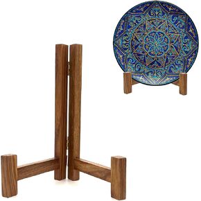 Plate Stands for Display, 7 Inch Plate Holders for Displaying, Rustic Solid Wood Tabletop Saucer Rack, Folding Picture Frame Holder Easel