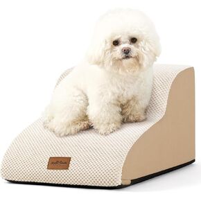 قبلة مريحة عالية الكثافة رغوة سلالم الكلاب منحدر للكلاب والقطط 4 طبقات سلالم الحيوانات الأليفة منحدر خطوة للأسرة الأثاث دائم عدم الانزلاق الكلب منحدر للسرير مع غطاء قماش مقاوم للماء بني فاتح (أربع خطوات) in Kuwait
