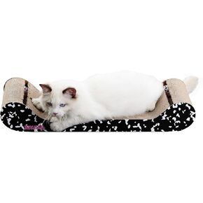 CSR1003B Rini 23.75" Modern Cardboard Lounge Bed Cat Scratcher with Built-in Bell Toys and Catnip, Black/White