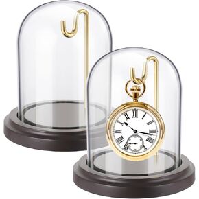 2 Pcs Pocket Watch Display Case with Hooks 3" x 4" Watch Ornament Glass Display Glass Dome Cloche with Wood Base Decorative Glass Display Dome Cloche for Watch Medals Jewelry Collectibles(Gold Hook)