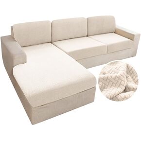 Sectional Couch Covers, Waterproof Couch Cushion Covers, L Shape Cushion Cover, Sofa Covers, Jacquard Fabric, Chaise Lounge Cover with Adjustable Elastic Hook (Beige, 3 Pack)