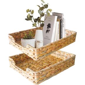 2 Pcs A4 File Tray, Natural Water Hyacinth Desk Tray, Wicker Tray Paper Tray File Basket for Desk Organizer,Woven Letter Size Desk Documents Tray for Office,Toilet Tank Tray Organizer
