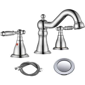 RKF Bathroom Faucets for Sink 3 Hole Chrome 8 inch Widespread Bathroom Sink Faucet with Drain Double Lever Handle Faucet Bathroom Vanity Faucet Basin Mixer Tap Faucet WF013-CP