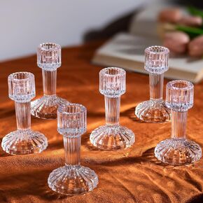 Hewory Glass Candlestick Holders Set of 6: Clear Candle Holder Taper Candle Holders Bulk, Crystal Ribbed Candle Sticks Holder Decor for Table Centerpiece Wedding Christmas Thanksgiving Dinner