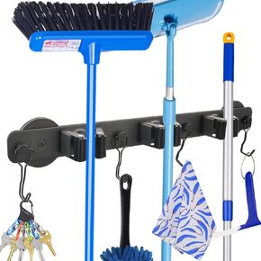 Strong Magnetic Mop Broom Holder, 1 Set Heavy Duty Magnetic Mop Broom Hanger with 4 Hooks for Cleaning Tools, Magnet Tool Hanger Organize System Utility Rack for Workshop Laundry Garage Kitchen