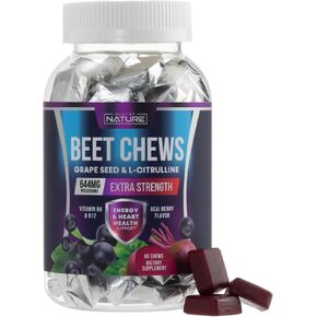 Built by Nature Beets Chews - Nitric Oxide Support with Non-GMO Beet Root & Grape Seed Extract – Chewable Heart and Energy Support Supplement - Acai Berry Flavor - 60 Chews