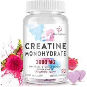 Creatine Monohydrate for Women, 3000 mg Creatine Pills with Hydrolyzed Collagen, BCAA, Panax Notoginseng Extract – Performance & Recovery, Dragon Fruit Flavor Creatine Chews Tablets, 90 Count