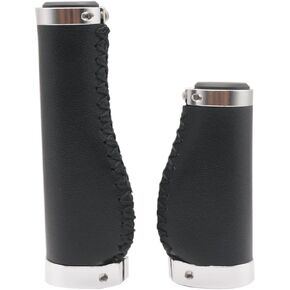 Bike Handle Grips 135/95mm Long/Short Grips Non-Slip PVC Microfiber Leather Ergonomic Hand-Sewn Casual Retro Double Lock-on Handlebar Lever for MTB,Road Bike (Black-A)